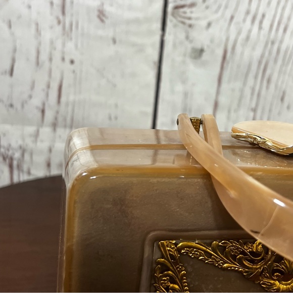 Retro Vintage Taupe Acrylic Box Bag with Gold Filigree - Picture 11 of 13